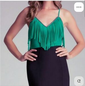 Bebe embellished green fringe bodysuit Bebe green fringe bodysuit. Size XS